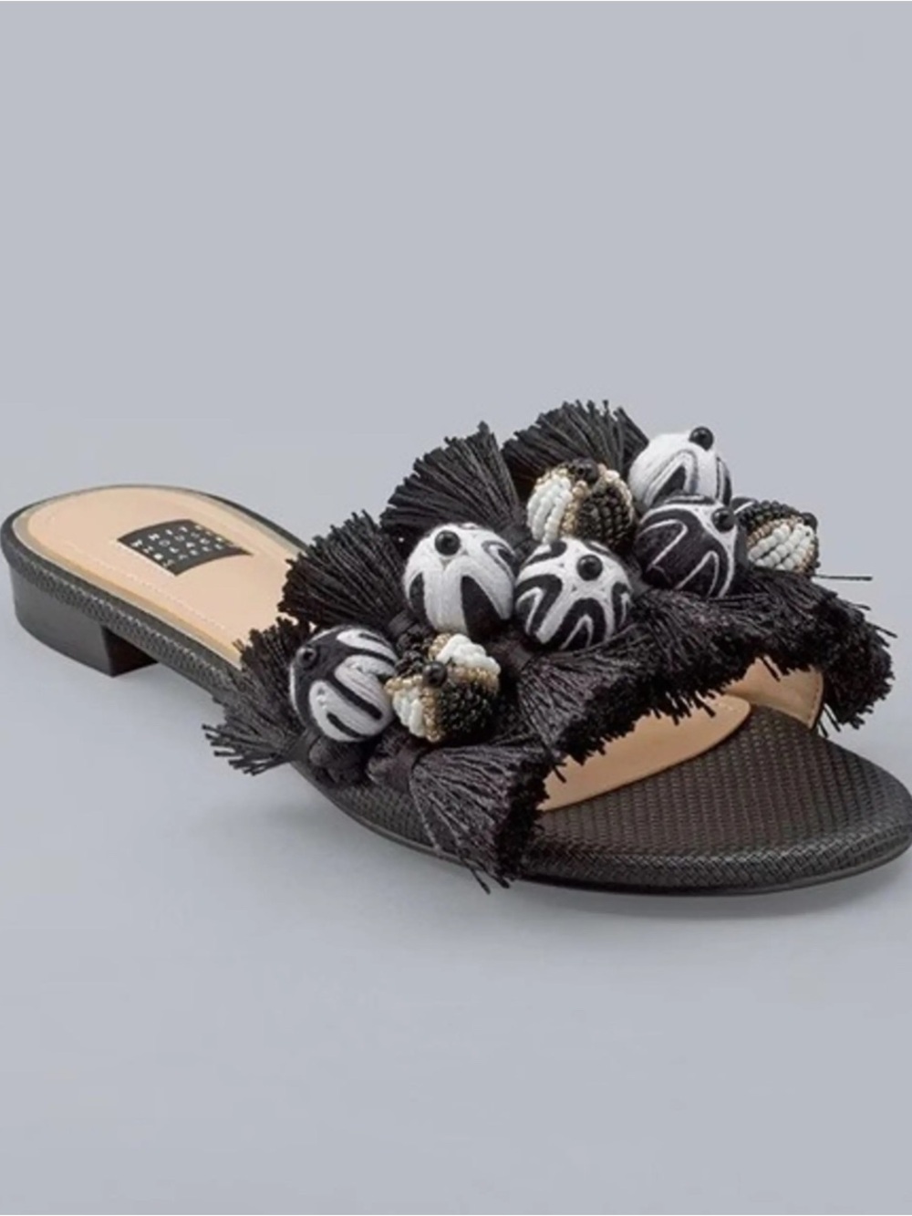 White House Black Market Black Beaded Fringe Slide Sandals